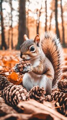 Obraz premium a cute squirrel was picking pine cones in the woods in autumn 