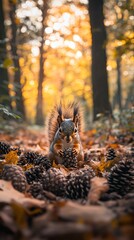 a cute squirrel was picking pine cones in the woods in autumn
