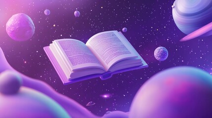 Naklejka premium 3D cartoon planet with an open book floating in space, purple background,no astronaut, purple color theme, cute style, 
