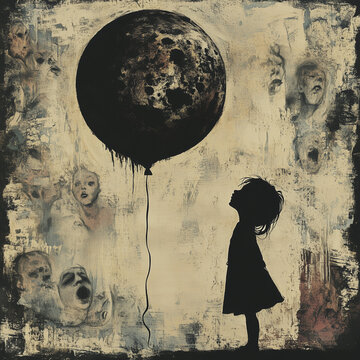 Surreal Depiction of a Child with a Planet Balloon Imploding, Casting an Endless Shadow Filled with Silent, Screaming Faces