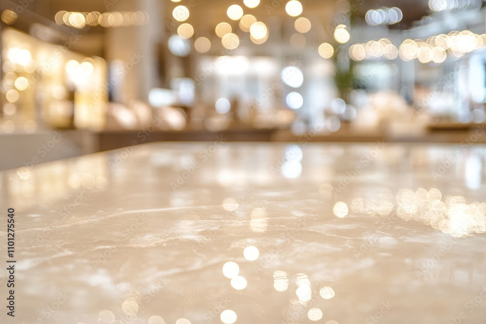 Poster empty marble table in a modern restaurant with blurred background and warm light.