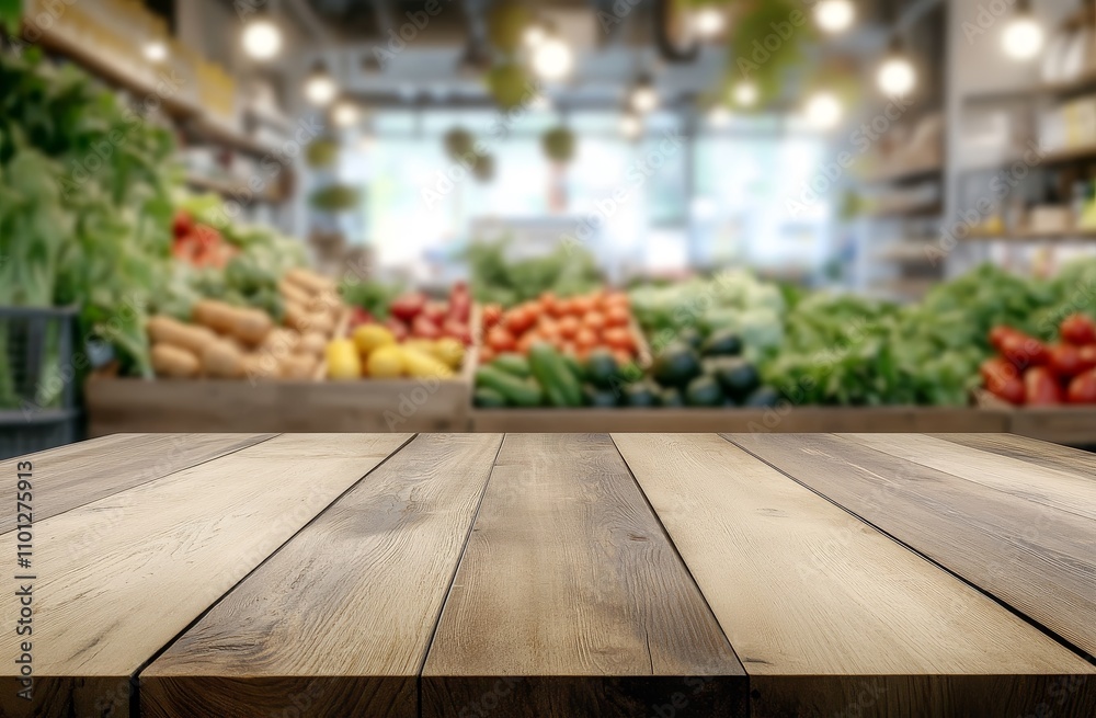 Poster Empty wooden table in front of a blurred background of a grocery store with fresh produce on shelves.