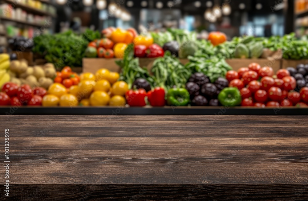 Poster a wooden table top with a blurred background of a grocery store produce section with vibrant colorfu