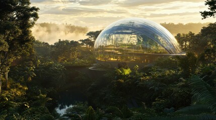 Fototapeta premium Futuristic glass dome structure nestled in lush rainforest at sunrise.