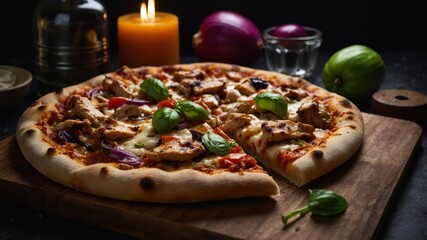 Chicken barbecue pizza on wooden cutting board