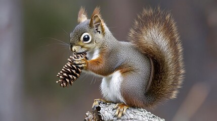 Obraz premium a cute squirrel was picking pine cones in the woods in autumn 