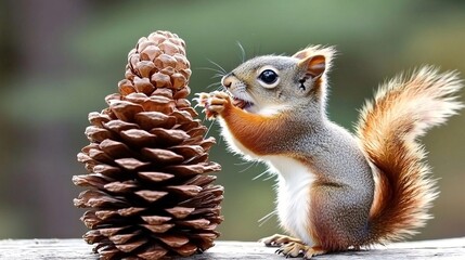 Fototapeta premium a cute squirrel was picking pine cones in the woods in autumn 