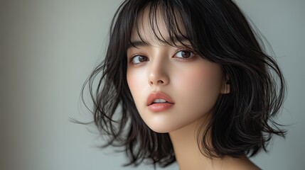 short straight wig hair style flying fall bang dark brown women wig hair floating in the ai