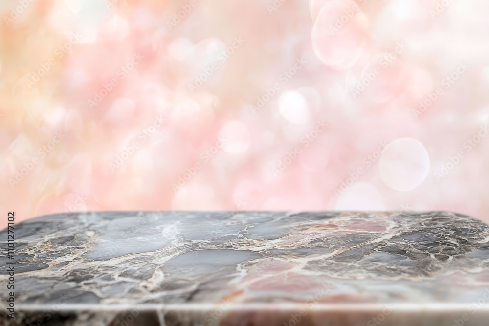 Poster Marble table top with blurred bokeh background.