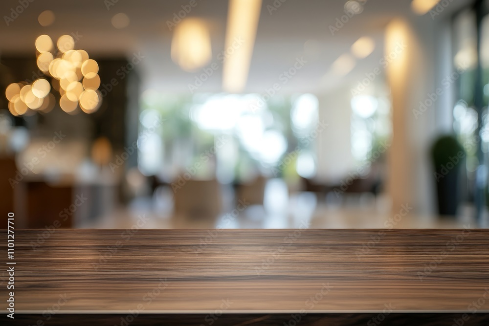 Poster a close-up shot of a wooden table top in a blurred cafe setting, with soft lighting and greenery in 