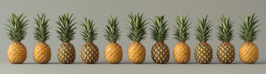 A visually appealing row of fresh pineapples are lined up against a minimalist green background, showcasing their tropical beauty and symmetry.