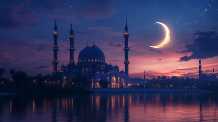 Fototapeta premium Majestic mosque at sunset, crescent moon in night sky, reflecting in calm water.