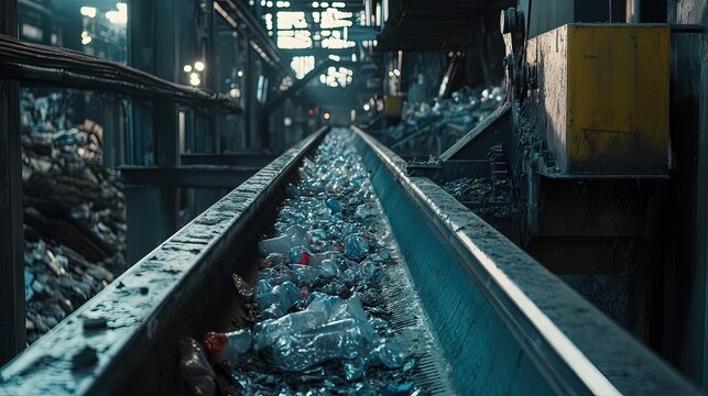 A close-up view of a conveyor belt carrying a pile of crushed aluminum cans in a recycling plant. - Powered by Adobe