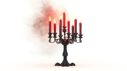 Fototapeta premium A gothic candelabra with red candles flickering, surrounded by wisps of smoke, creating a mysterious and atmospheric ambiance.
