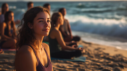 Young woman leading a yoga retreat on a beach, sitting cross-legged on a mat with a group of participants behind her. Waves crash softly in the background, and she looks serene and centered