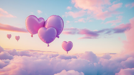 Obraz premium A dreamy landscape of pink and white heart-shaped clouds floating in a serene pastel sky during twilight.