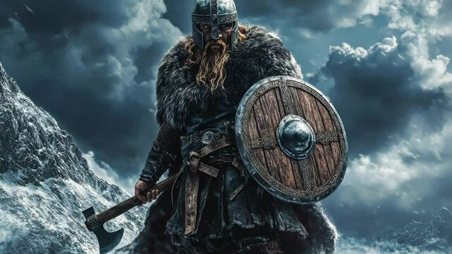 Viking warrior wearing a fur cloak and a steel helmet, holding a battle axe and a round shield, standing on a snowy mountain pass with a stormy sky in the background.