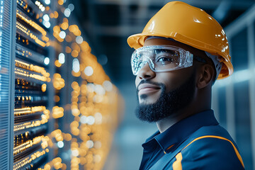 Technician in safety helmet and goggles optimizes electrical systems in a contemporary data center environment