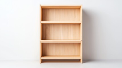 A simple, modern wooden bookshelf with three open shelves against a plain wall, ideal for storage and displaying items.