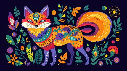 Obraz premium A colorful fox with a floral pattern stands in a field of flowers.