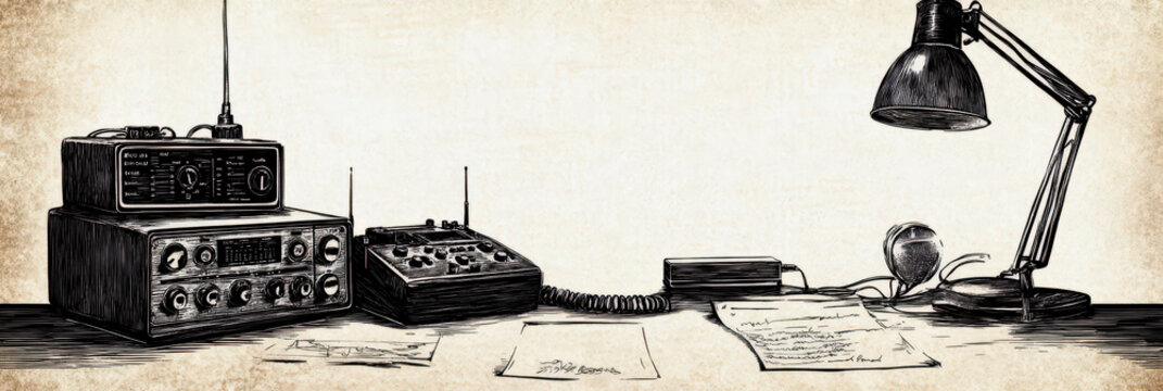 Celebrating World amateur radio day with vintage equipment illustration. Horizontal banner. Copy space. Graphic art. Black and white illustration