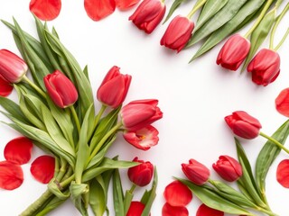 Obraz premium Vibrant bouquet of red tulips with a blank paper in the middle for customizable message, festive, isolated
