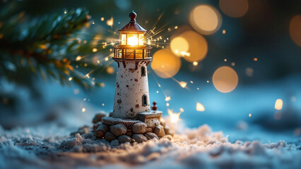 Illuminated lighthouse figurine with a magical ambiance set against a snowy backdrop