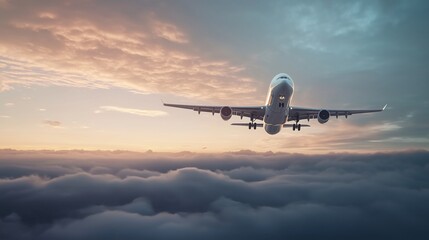 Obraz premium Commercial airplane gracefully lands at sunset, flying above fluffy clouds with its landing gear extended, illuminated by warm sunlight