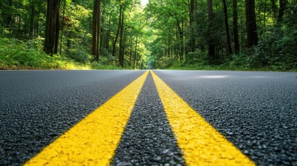 Obraz premium A scenic view of an empty road stretching through a dense forest, bathed in bright daylight, showcasing nature's serene beauty and tranquility.