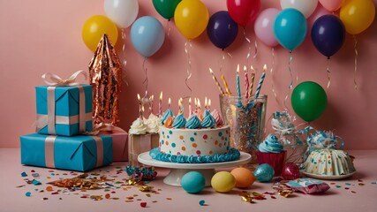 Colorful party items with blank birthday card