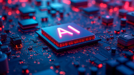 High-performance artificial intelligence chip for accelerated neural networking, cutting-edge CPU technology for efficient machine learning, smart computing circuit board with glowing AI inscription