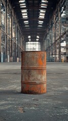 Naklejka premium Steel drum in the center of an expansive warehouse, surrounded by stark concrete and industrial elements, highlighting its weathered texture.
