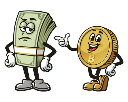 recommend clip art: Money Cash with Bitcoin,   Cartoon Character Mascot Illustration Vector Clip-art Hand-drawn Logo Design
