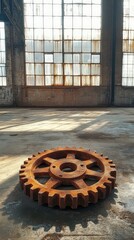 Fototapeta premium Large rusted gear lying in an empty factory hall, sunlight streaming through broken windows, capturing essence of forgotten industrial era.