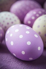 Obraz premium Purple and White Easter Eggs with Polka Dots on a Purple Background, with Space for Text