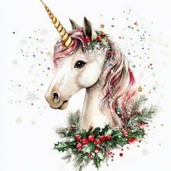 Cute Christmas unicorn watercolor Winter illustration. Hand painted, perfect for Christmas invitations.