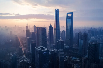Obraz premium aerial view of modern shanghai skyline at dusk with fog and haze over city buildings and skyscrapers