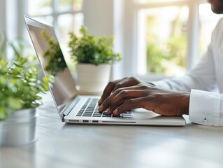 Photo of the hands of a person working at a laptop is generated AI