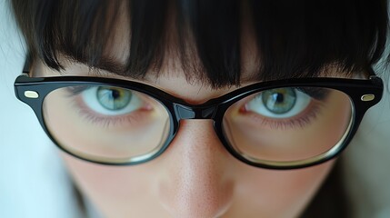 Stylish Woman with Glasses Close-Up Portrait, Emphasizing Beautiful Eyes and Trendy, Black Frames