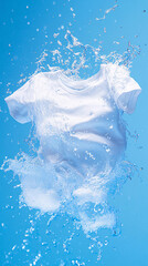 A white t shirt being washed in water, the fabric fluttering around as it matches a blue background. 