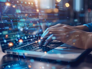 Photo of the hands of a person working at a laptop is generated AI