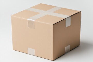 Unmarked Brown Cardboard Box with White Tape on Neutral Background