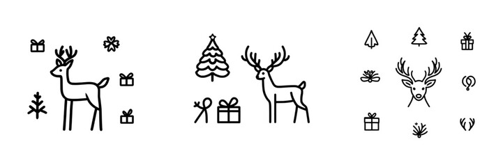 A continuous line art seamless pattern showcasing Christmas elements such as fir, a gift box, reindeer, mistletoe, a hot beverage cup, a stocking, ball decorations, and snowflakes. Minimalist winter