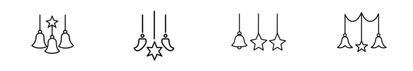 Fototapeta premium A single, continuous line drawing of Christmas symbols, including balls, gifts, stars, and bells, in a modern minimalist style.