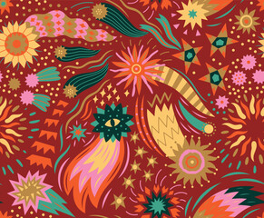 Christmas stars and comets seamless pattern in red, green and golden colours