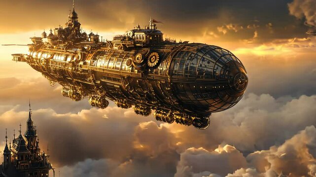 Steampunk airship flying through the sky, intricate machinery, brass gears, Victorian architecture, sunset clouds, highly detailed, concept art, cinematic atmosphere