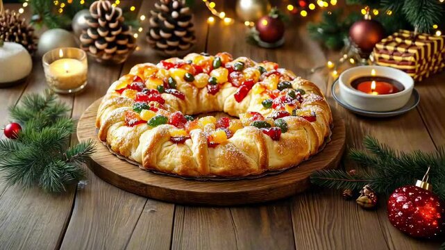 Traditional Rosca de Reyes bread with candied fruits on a wooden board, Christmas decorations. Three Kings Day, Epiphany