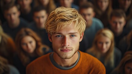 Fototapeta premium the concept of being distinctive in a crowd featuring a blonde man who stands apart from a large gathering of peopl