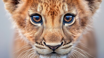 Obraz premium A close up shot of a lion cub face, its eyes wide and innocent, its soft fur and playful expression capturing the heart melting charm of these young animals.
