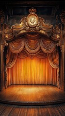  Ornate stage with gilded proscenium arch, tied-back luxurious drapes, and golden footlights glowing on the polished hardwood floor.